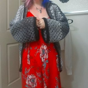 Handmade Crochet Gray Ombre Jacket Cardigan with Hood Sz M